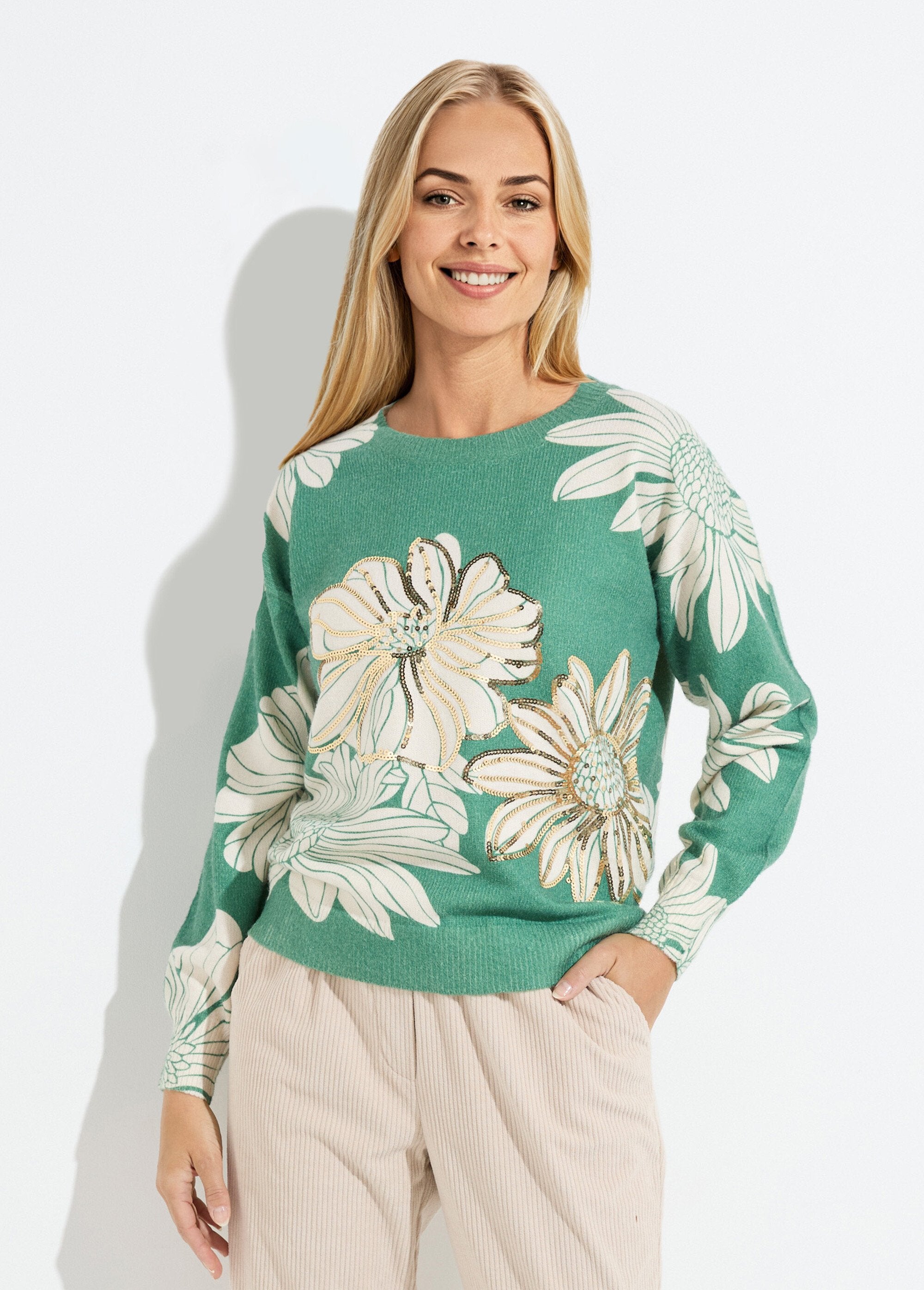 Pull_fin_imprimé_fleurs_sequins_col_rond_Vert_FA1_slim