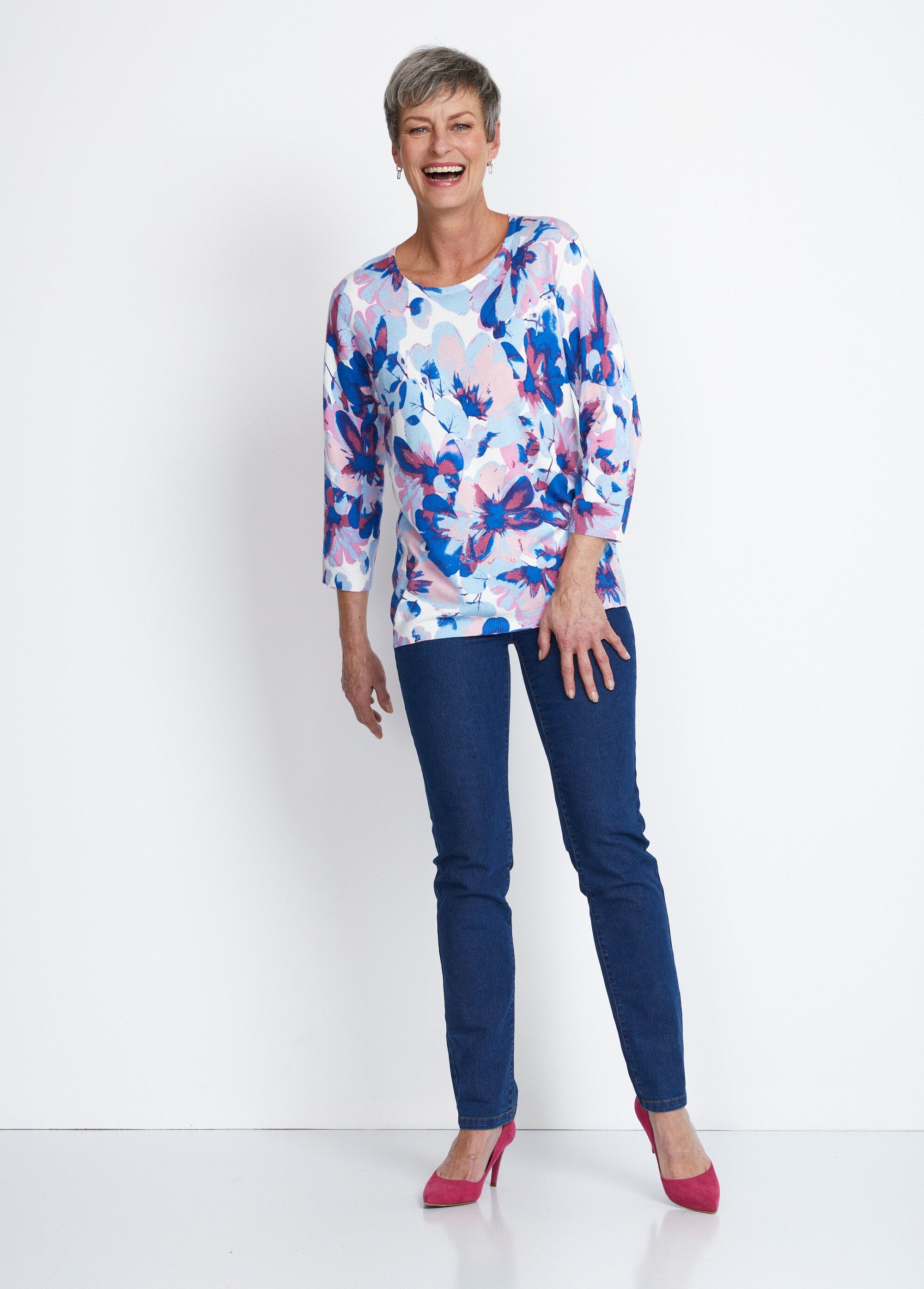 Floral_print_3/4_sleeve_sweater_Blue_and_pink_SF1_slim