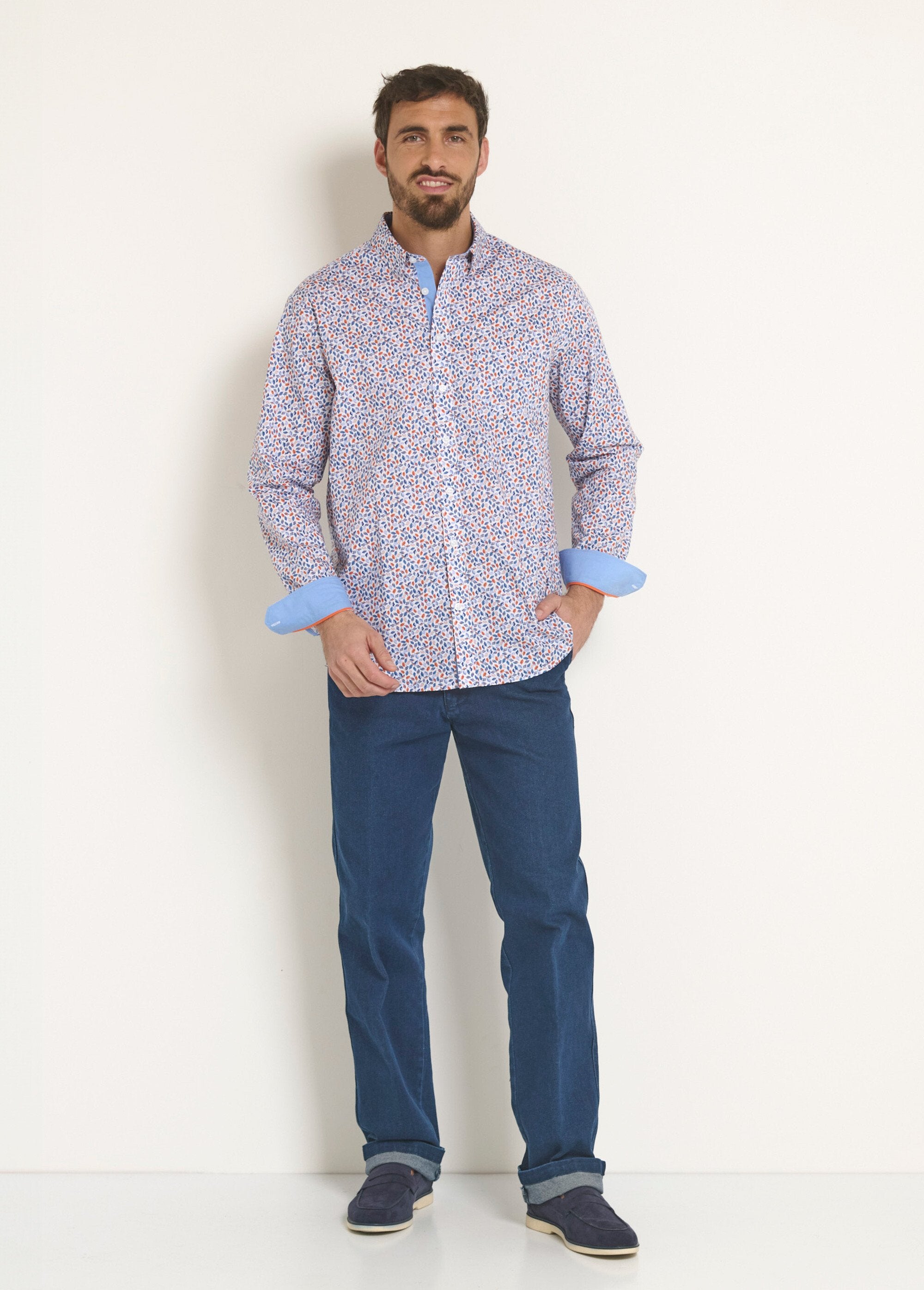 Printed_poplin_fancy_shirt_Orange_and_blue_SF1_slim