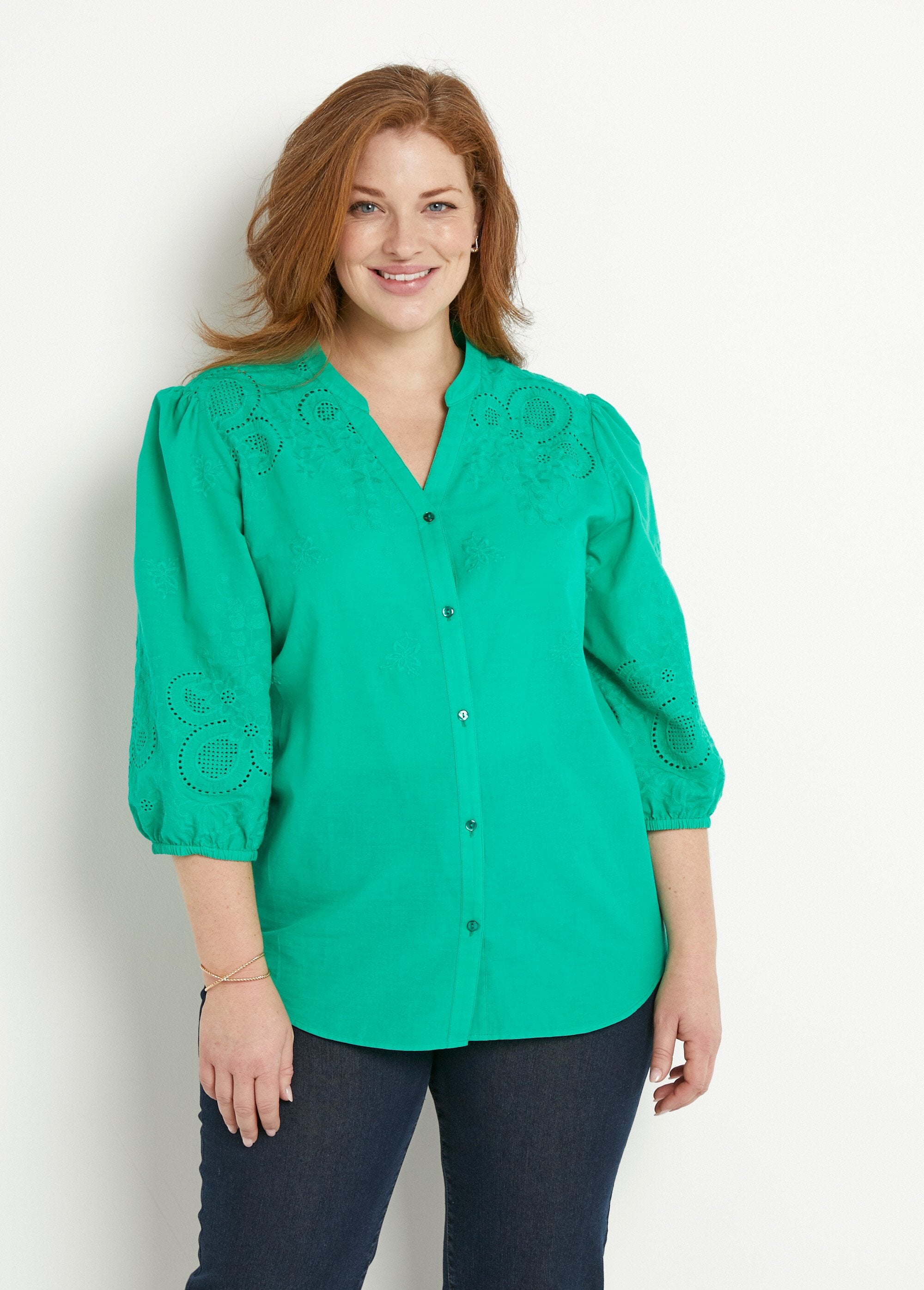 Long_embroidered_cotton_blouse_with_3/4_sleeves_Green_FA1_curvy