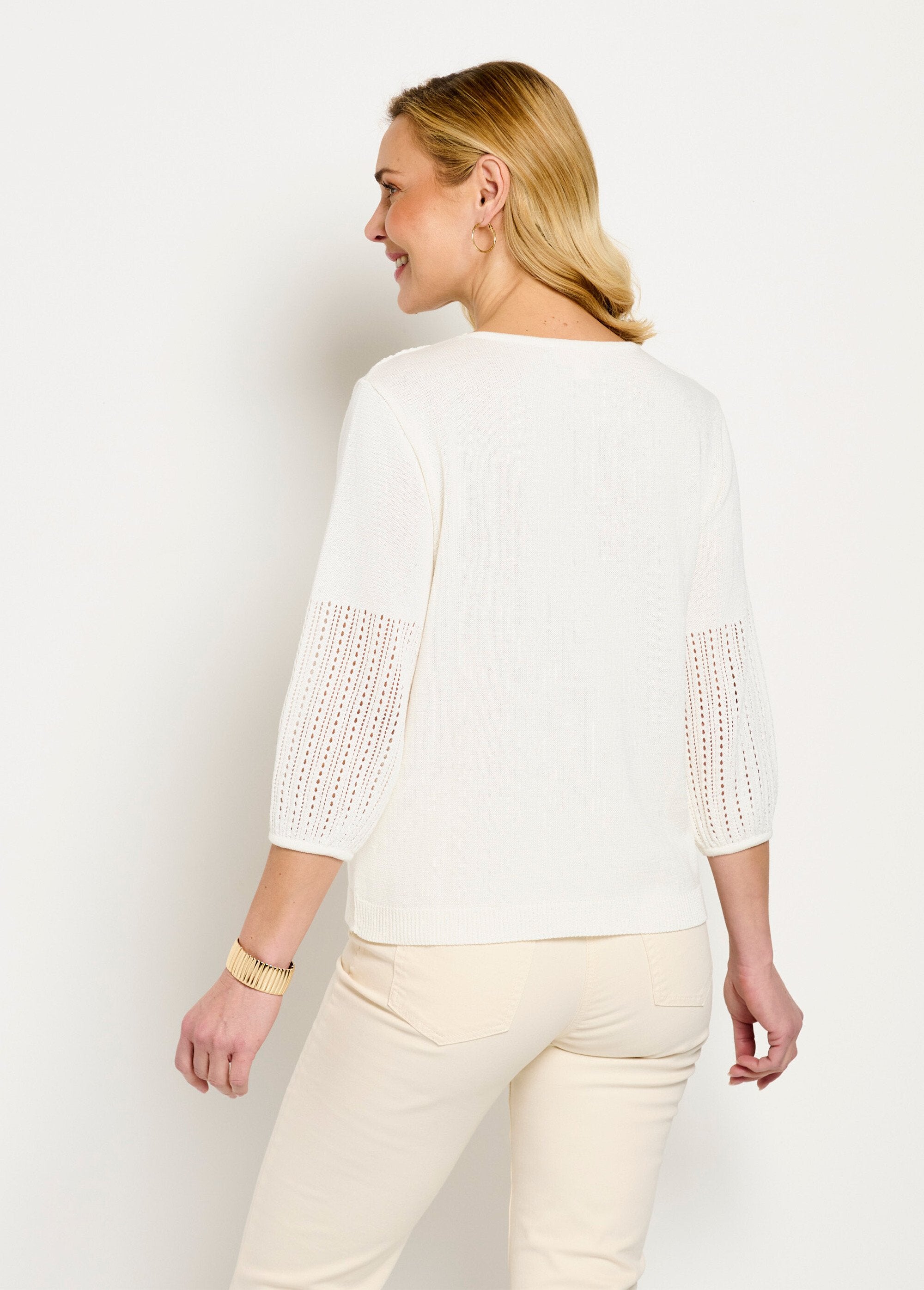 Soft_openwork_cotton_sweater_with_3/4_sleeves_and_round_neck_Ecru_DO1_slim