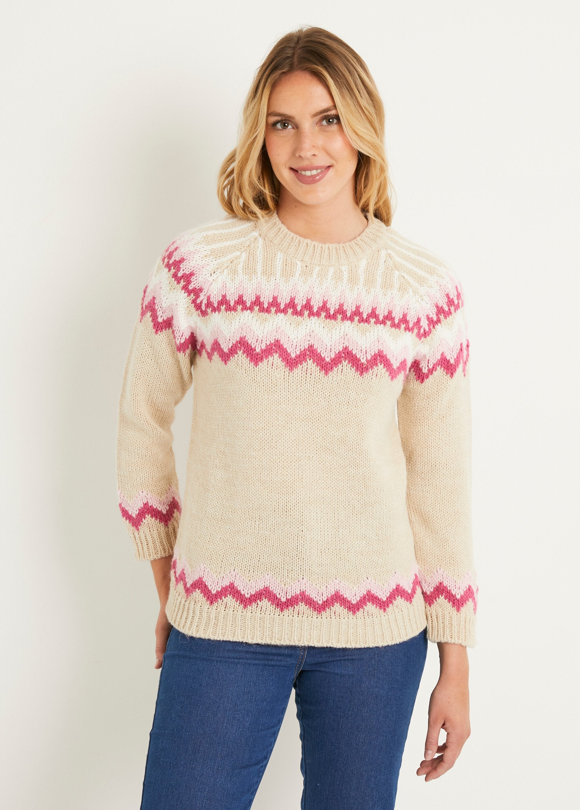 Soft_jacquard_raglan_round-neck_sweater_Beige_and_pink_FA1_slim