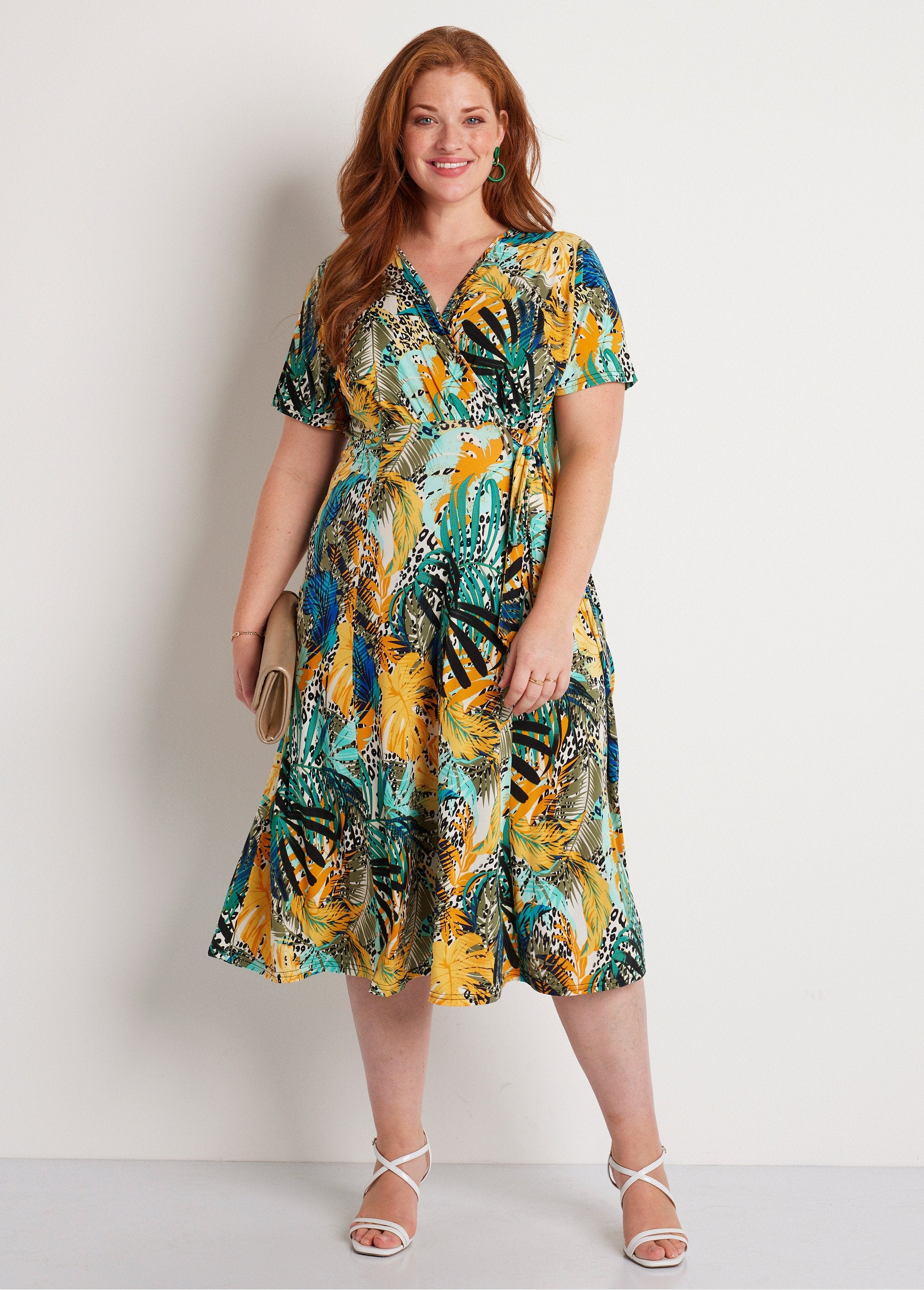 Short_floral_and_animal_skin_wrap_dress_Green_and_yellow_FA1_curvy