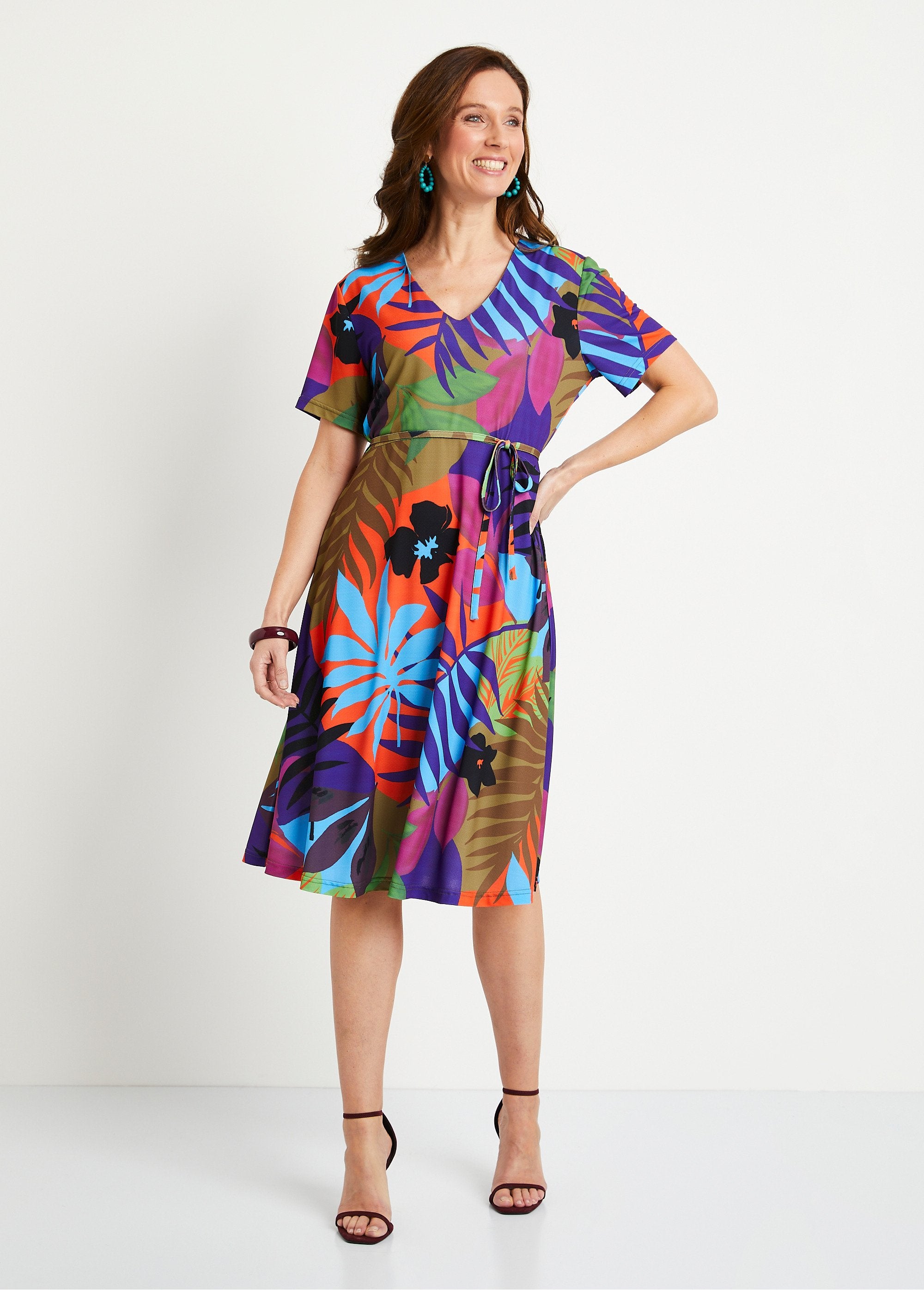 Short_leaf_print_flared_dress_Multicolor_FA1_slim