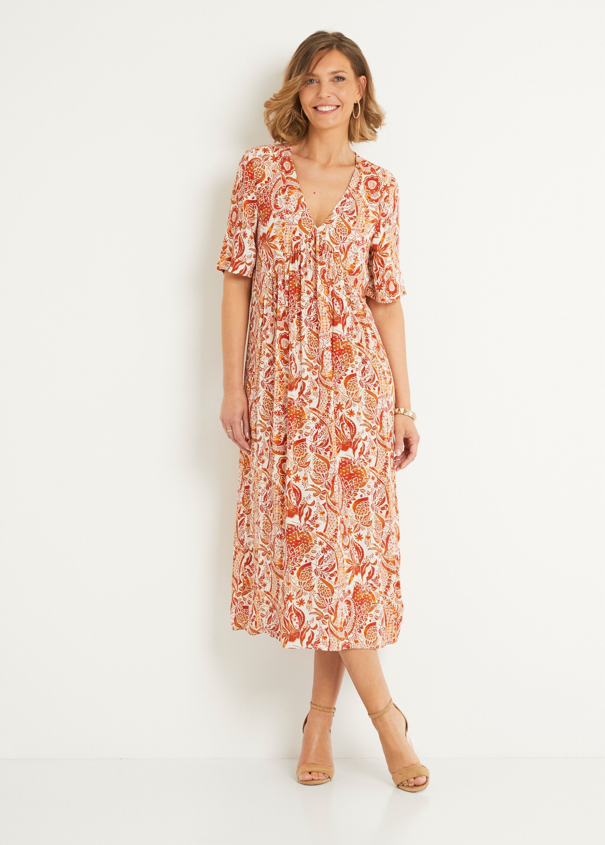 Long_cashmere_print_V-neck_dress_Orange_print_FA1_slim