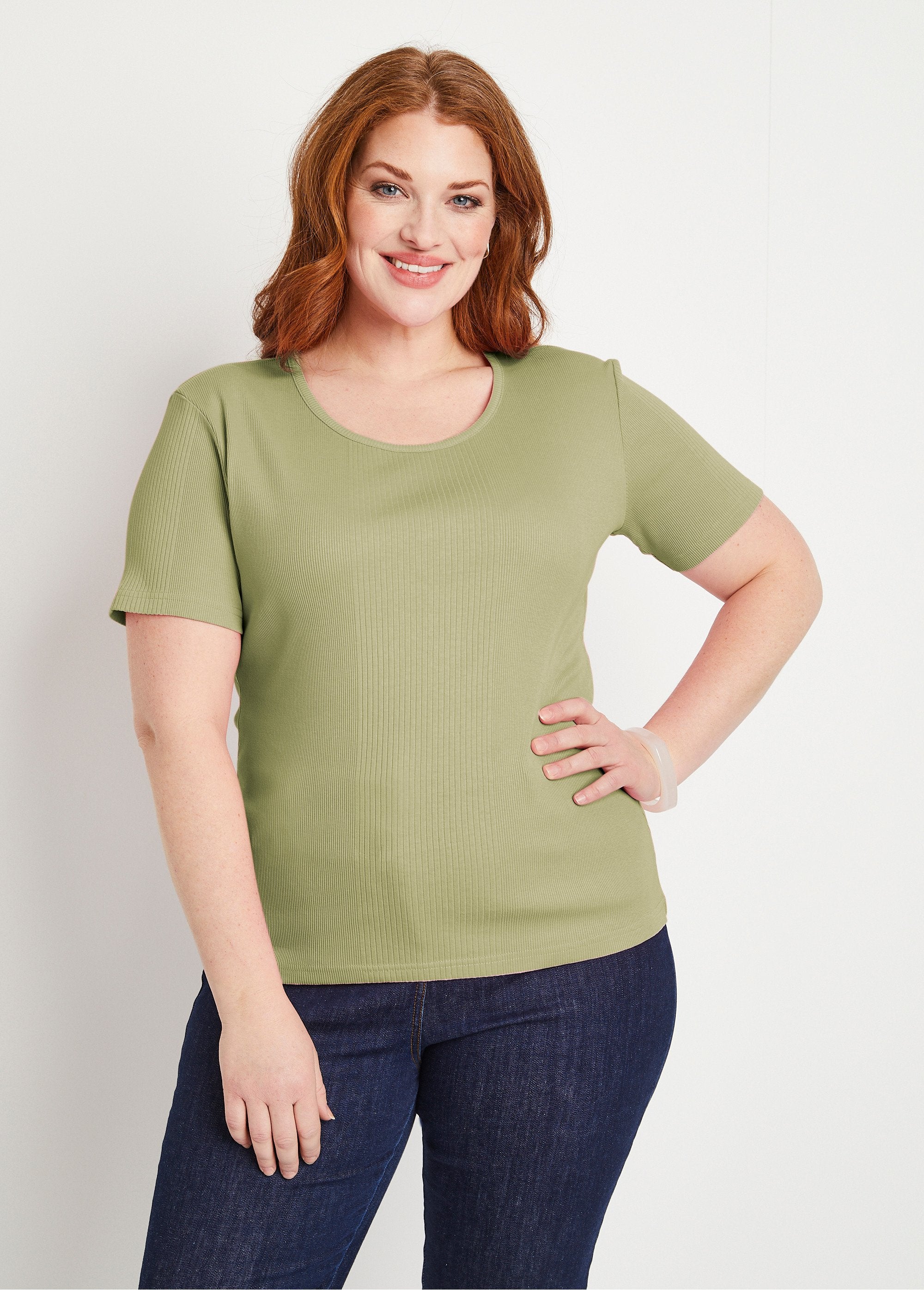 Short_ribbed_knit_round_neck_t-shirt_Khaki_FA1_curvy