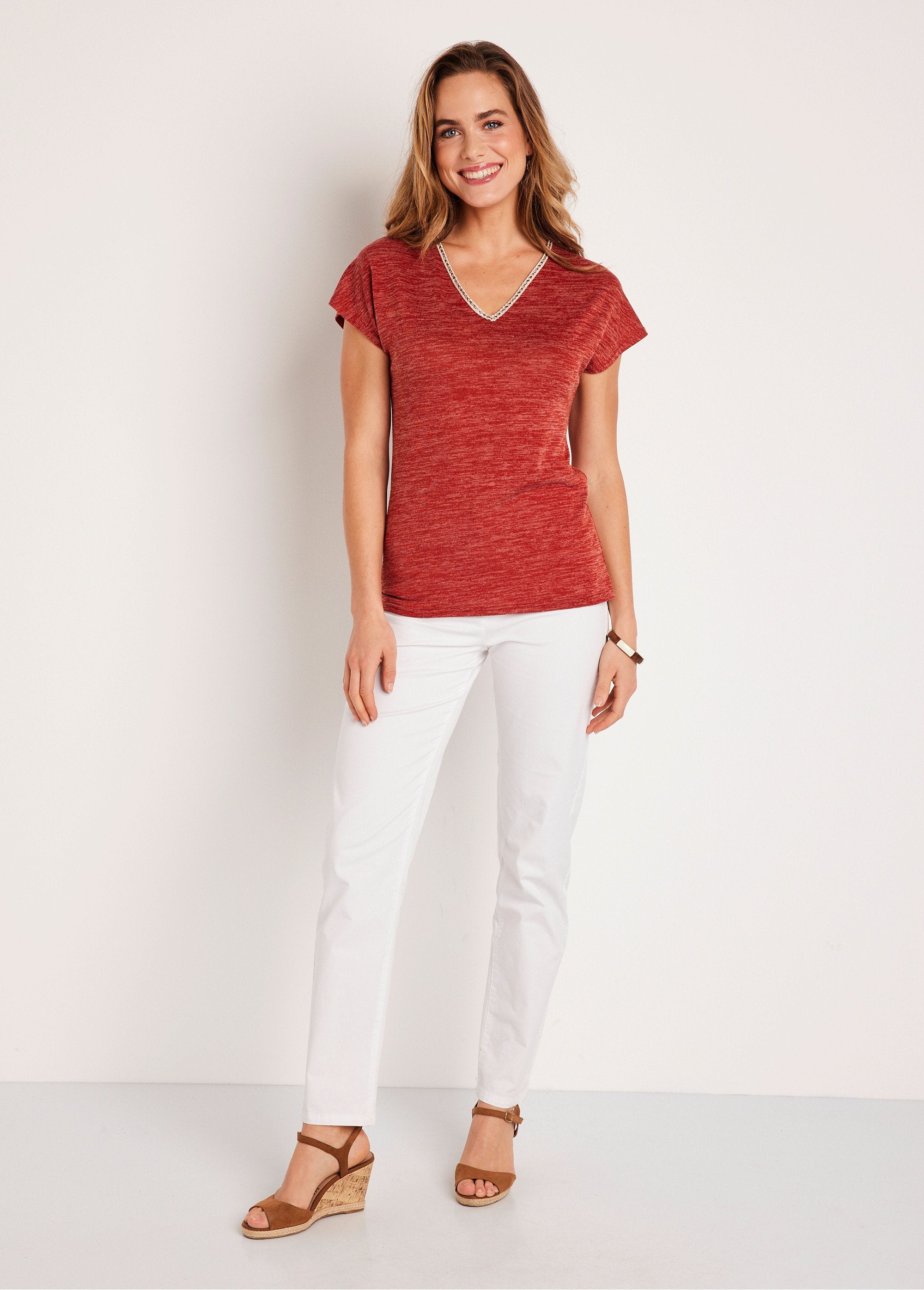 Short_plain_linen_effect_t-shirt_Paprika_SF1_slim