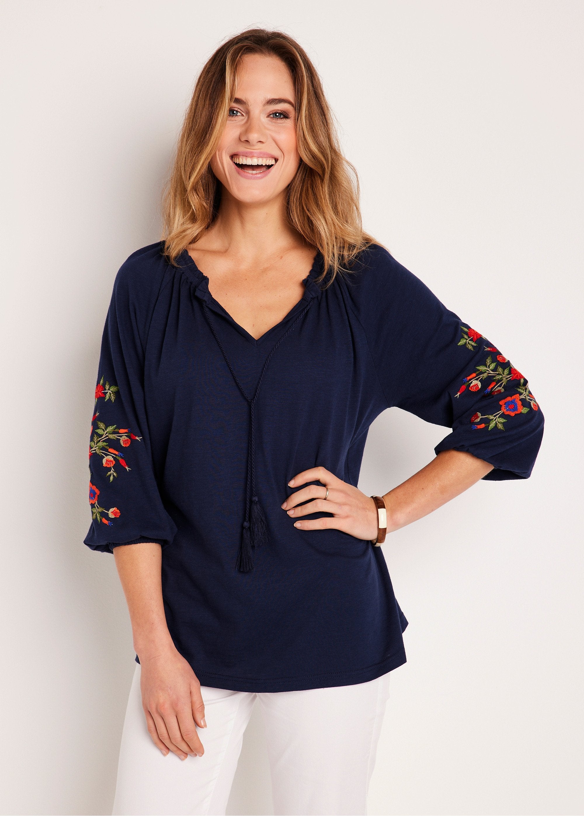 Long_embroidered_t-shirt_with_3/4_sleeves_Marine_FA1_slim